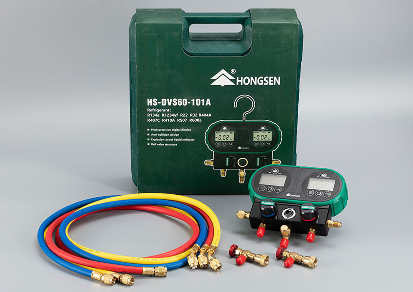 HONGSEN Electronic Refrigeration 2 way digital manifold gauge set A/C manifold digital pressure gauge with hoses coupler adapters HS-DVS60